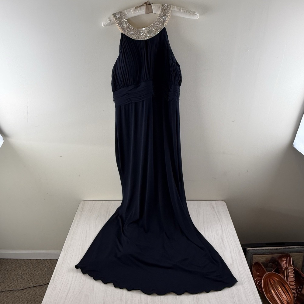 Navy Gown Sz 12 Beaded Neck Keyhole Halter Maxi Prom Formal Dress JS Boutique - Picture 7 of 14